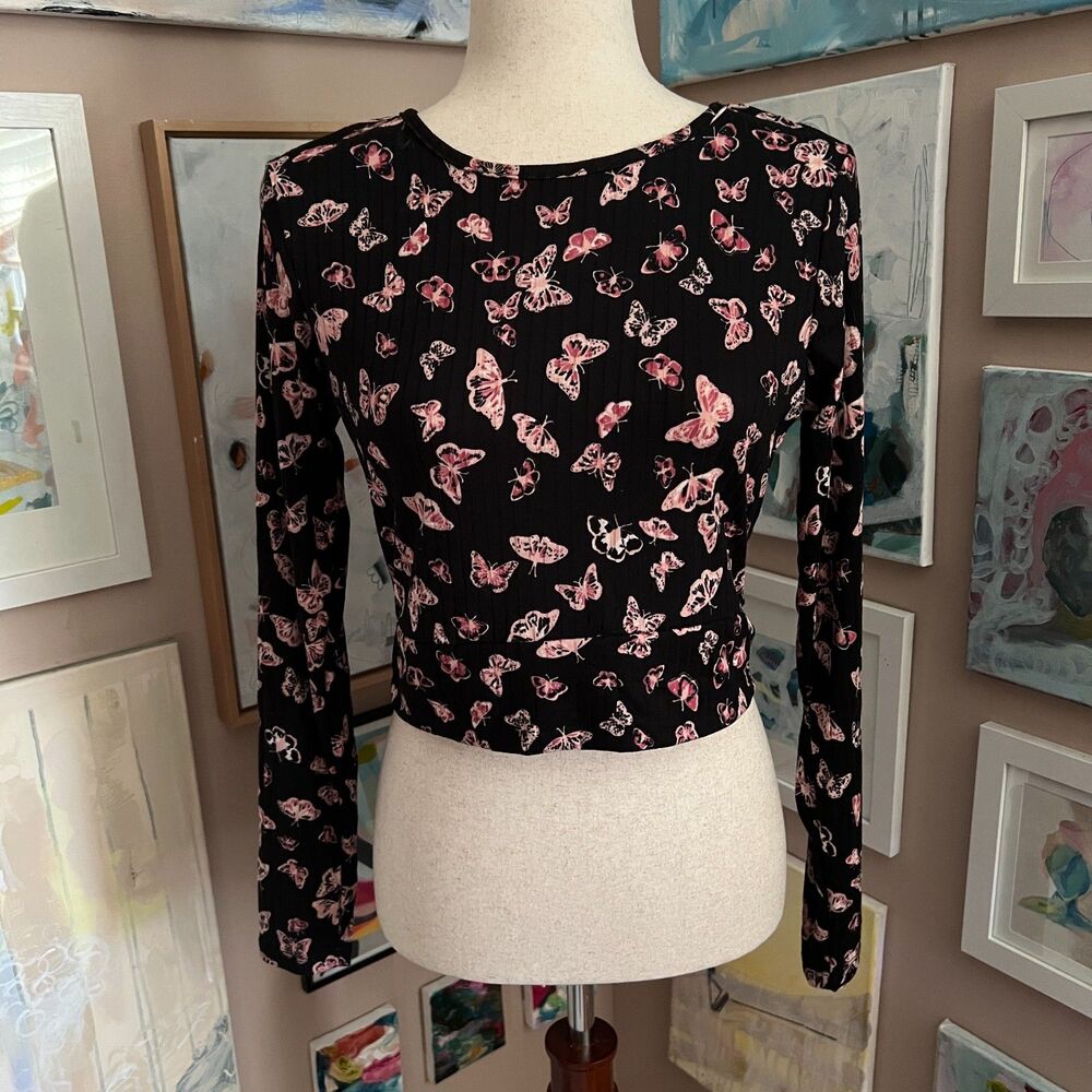 Fairy Butterfly No Comment NY LA Open Back Tie Waist Y2K Top Size L Coquette